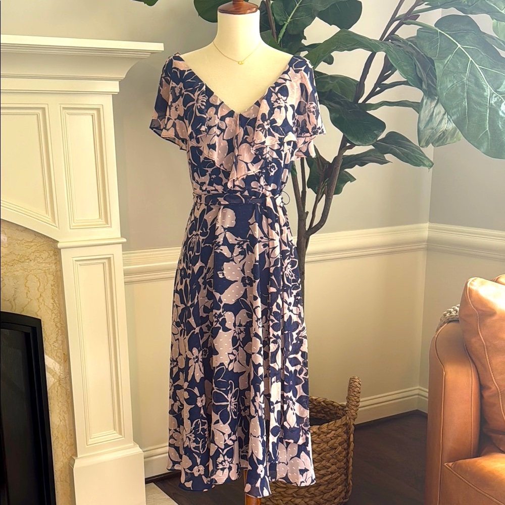 Eliza J Navy and Blush Clip Dot Chiffon Midi Dress